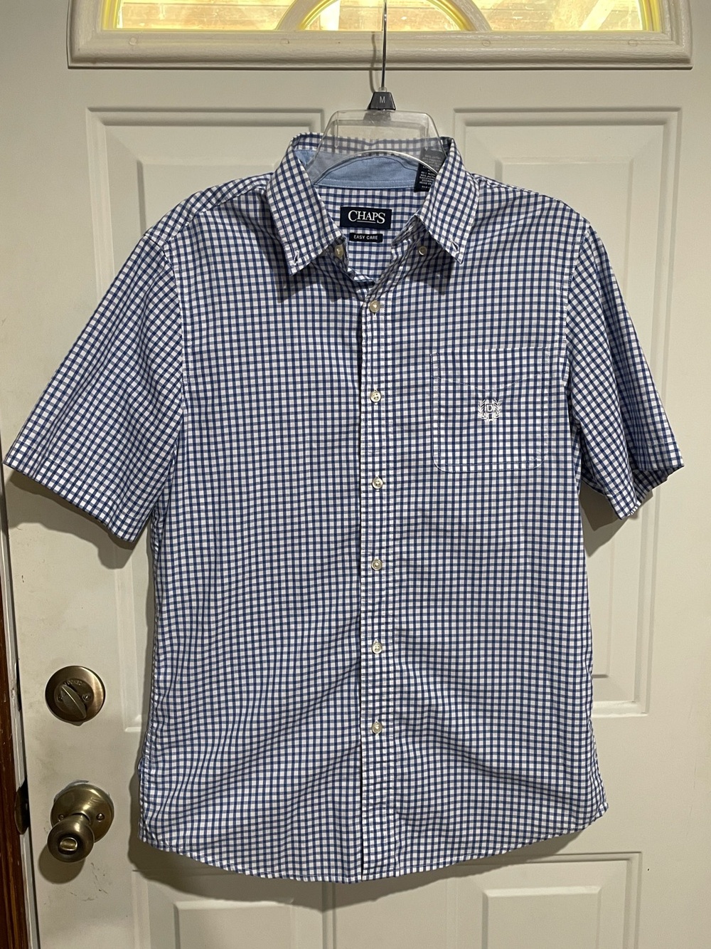 Chaps Men’s Short-Sleeve Navy and White Gingham Button-Down Shirt